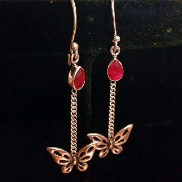 Hand Crafted Jewelry - .925 Silver Butterfly & Ruby Hooks Earrings